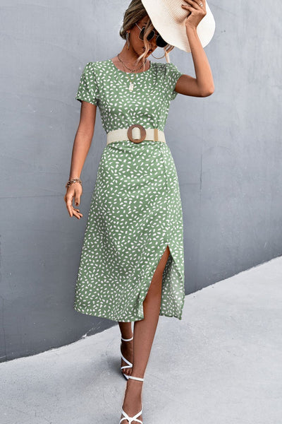 Printed Slit Cutout Midi Dress (Belt Not Included)