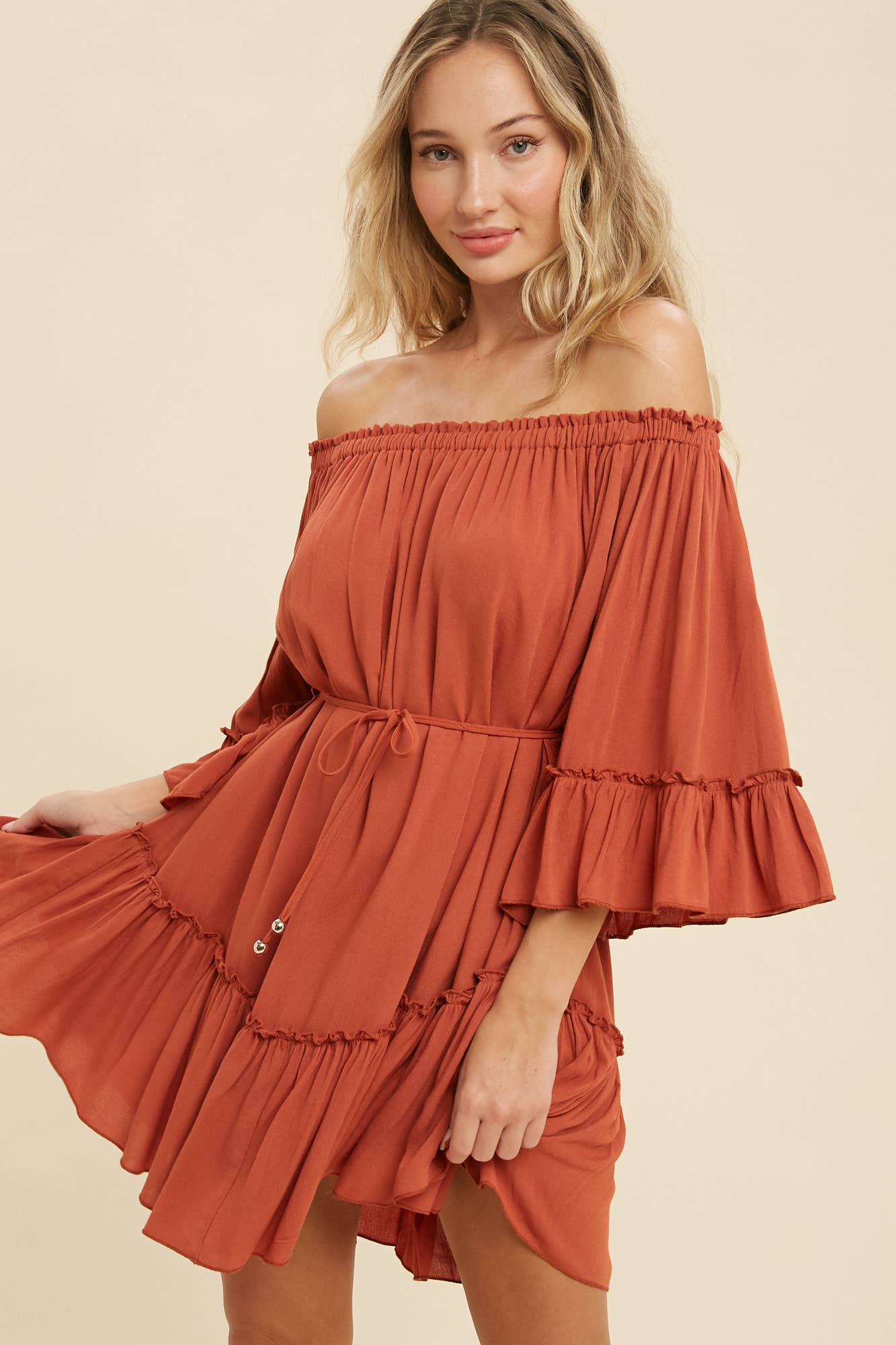 RUFFLED SOLID BOHO DRESS