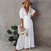 Sexy Deep V Neck Maxi Dress Women Backless White Cotton Boho Dresses Summer Ruffles 2020 Casual Beach Bikini Cover Up