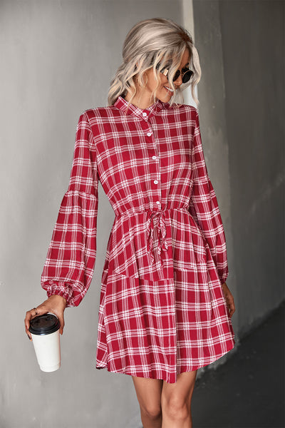 Plaid Band Collar Drawstring Shirt Dress