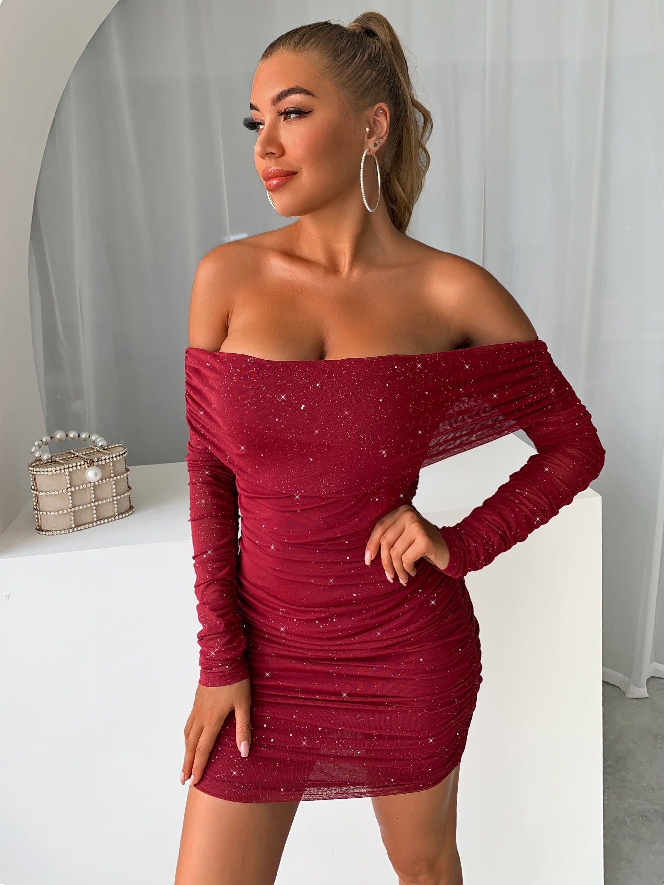 Glitter Mesh Off-Shoulder Ruched Mini Dress