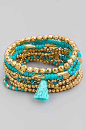 Turquoise Multi Beaded Tassel Bracelet Set