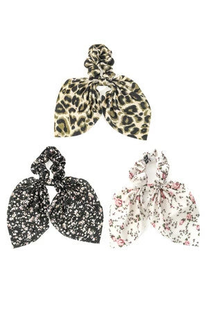 Three Piece Floral Leopard Print Tail Scrunchie Set