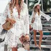 Summer Bikini Cover Up Women Lace Hollow Crochet V-Neck Swimsuit Cover-Ups Bathing Suit Beachwear Beach Dress