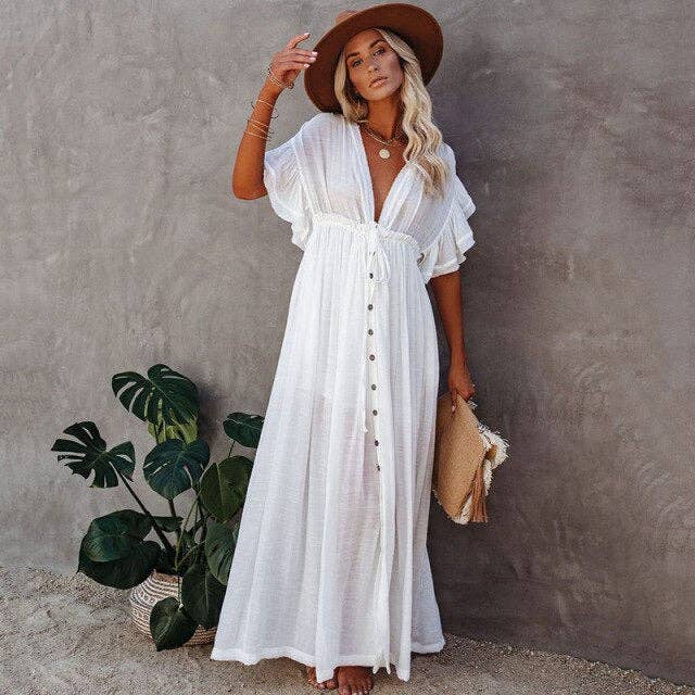 Sexy Deep V Neck Maxi Dress Women Backless White Cotton Boho Dresses Summer Ruffles 2020 Casual Beach Bikini Cover Up