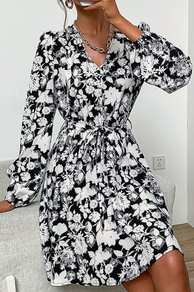 Floral Belted V-Neck Puff Sleeve Mini Dress